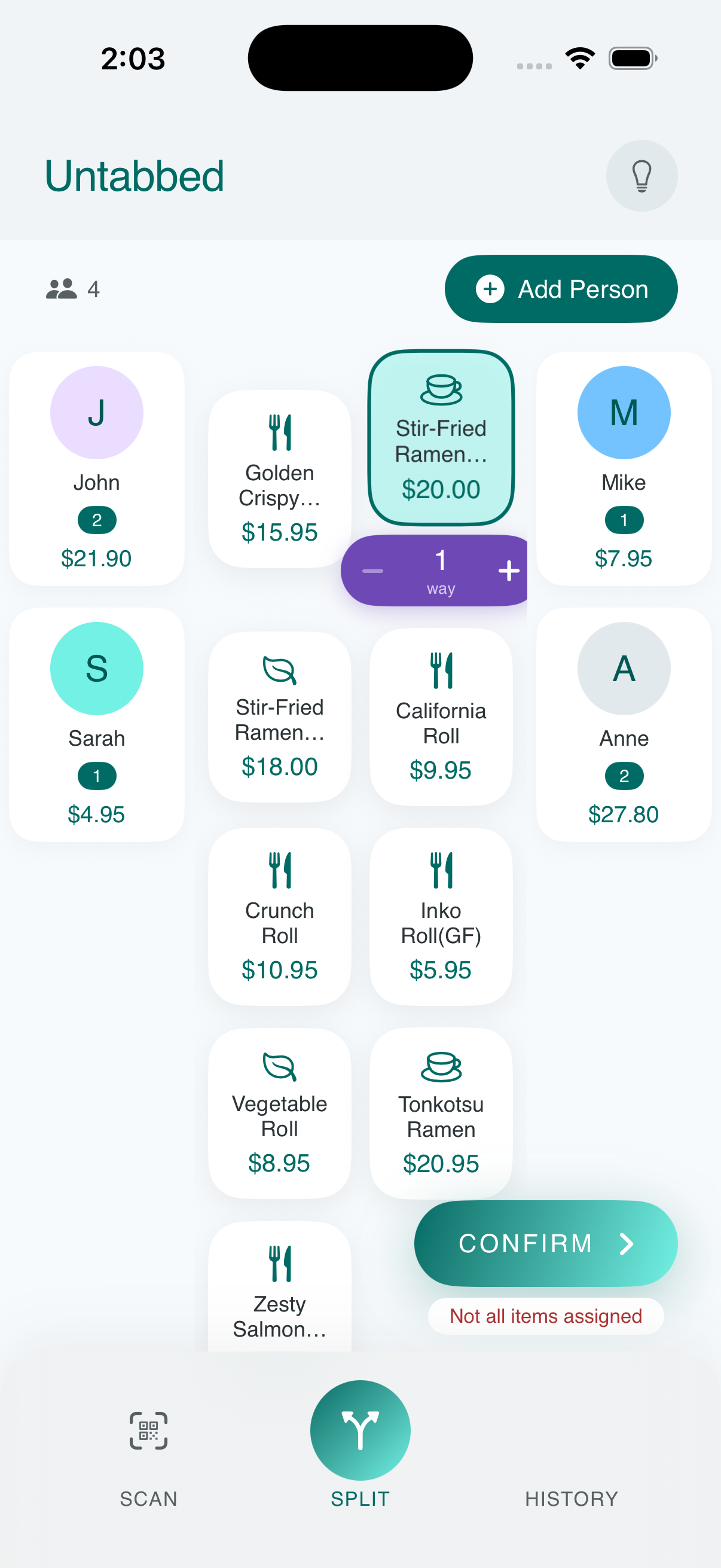 Untabbed app showing receipt items being assigned to different people
